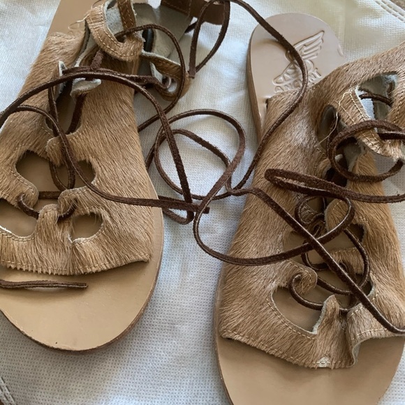 ANCIENT GREEK Tan Calf Hair Lace-up Sandals Sz 6 - Picture 6 of 6